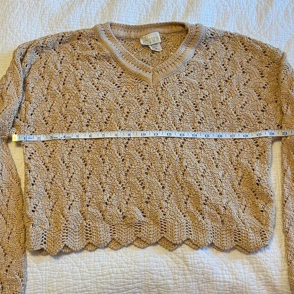 Vintage Open Knit Scalloped V Neck Cotton Cottagecore Sweater Beige Tan Medium - Picture 6 of 8